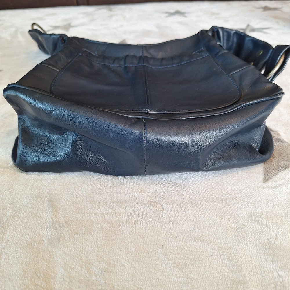 Vintage Navy Blue Genuine Leather Slouchy Shoulder Bag Zipper Close Pocket - Picture 12 of 15